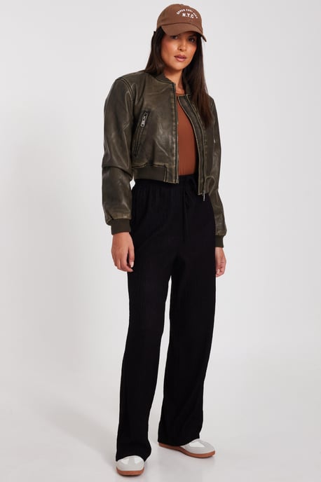 Khaki Faux Leather Bomber Jacket - Image 1