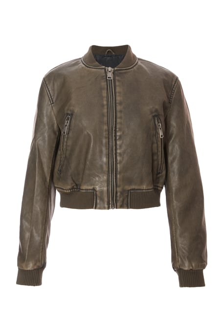 Khaki Faux Leather Bomber Jacket - Image 2
