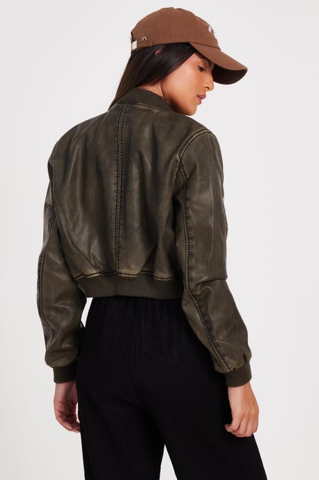 Khaki Faux Leather Bomber Jacket - Image 3