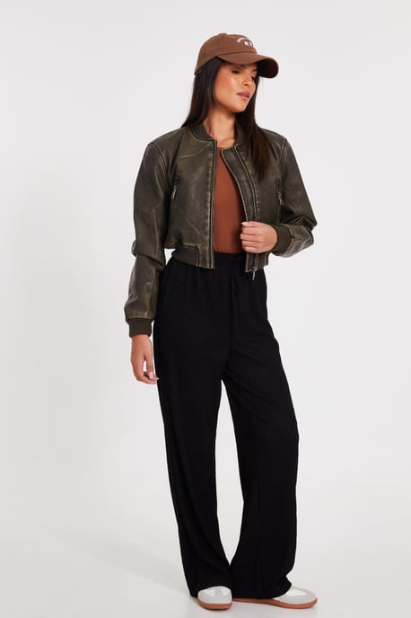 Khaki Faux Leather Bomber Jacket - Image 4