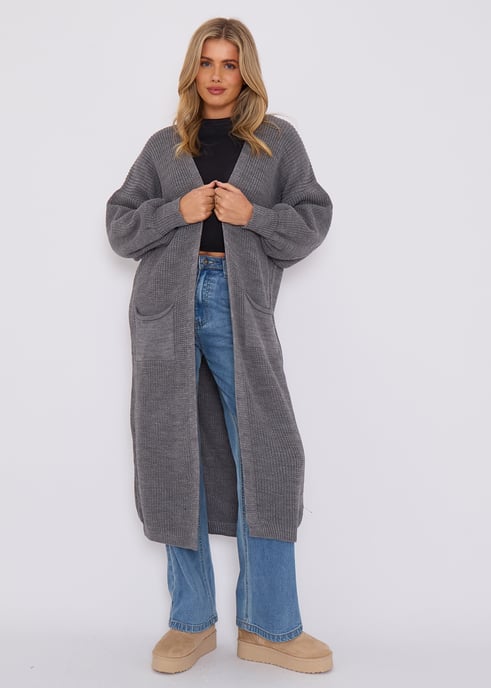 Dark Grey Chunky Knit Long Cardigan - Image 1