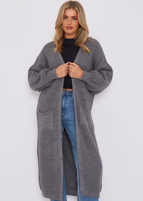 Dark Grey Chunky Knit Long Cardigan - Image 2