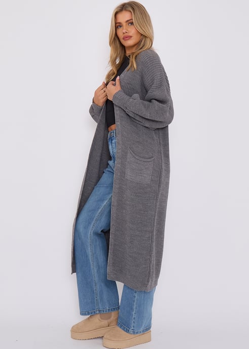 Dark Grey Chunky Knit Long Cardigan - Image 3
