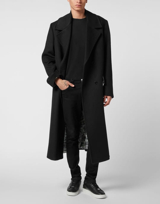 Fiskbensmönstrad ulldubbelknäppt lång kappa - Image 4