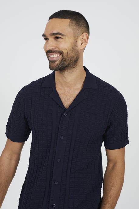 Navy Knitted Short Sleeve Shirt - Image 4