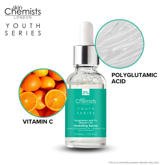 skinChemists Jeugdserie Hydraterend Serum Polyglutamaatzuur 1%, Vitamine C 3% 30ml x 2 Duo Pack - Image 4