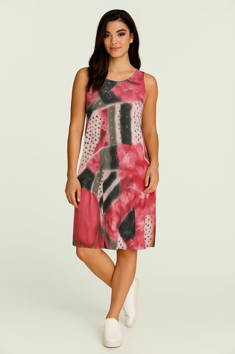 Mouwloze midi-jurk – abstracte rode print, transparant nylon mesh, volledig gevoerd met katoen - Image 2