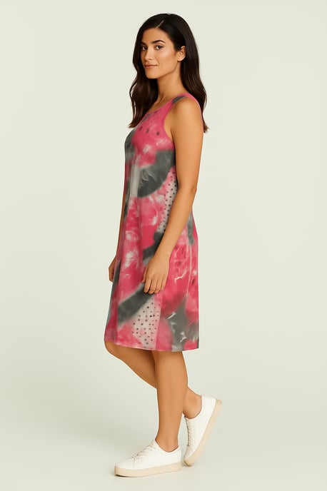 Mouwloze midi-jurk – abstracte rode print, transparant nylon mesh, volledig gevoerd met katoen - Image 3