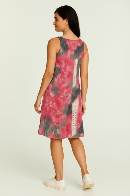 Mouwloze midi-jurk – abstracte rode print, transparant nylon mesh, volledig gevoerd met katoen - Image 4