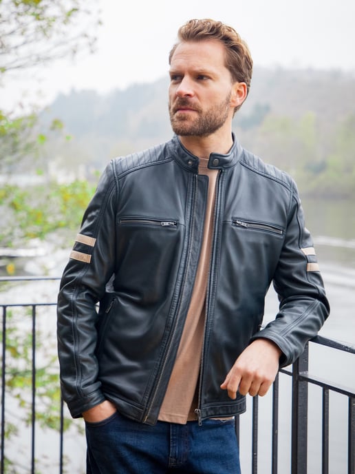 Charlie II Leather Racer Jacket in Navy - Image 2