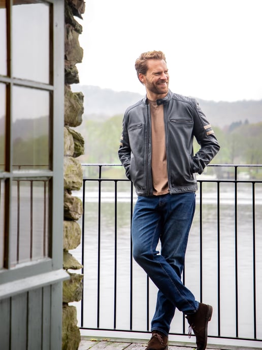 Charlie II Leather Racer Jacket in Navy - Image 3