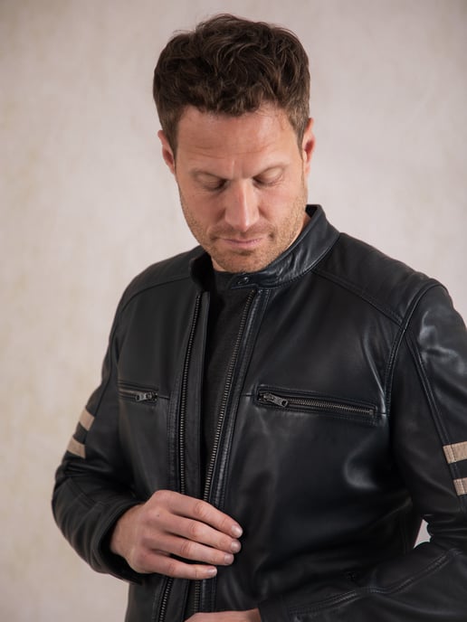 Charlie II Leather Racer Jacket in Navy - Image 5