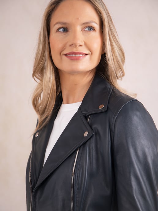 Tarraby Leather Biker Jacket in Navy - Image 3