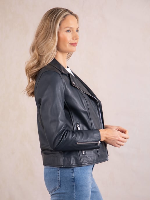 Tarraby Leather Biker Jacket in Navy - Image 4