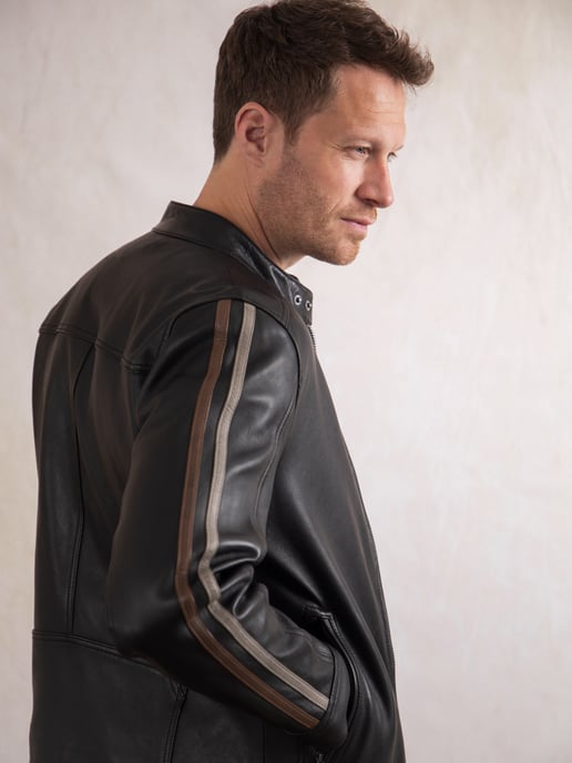 Morton Contrast Stripe Leather Biker Jacket in Black - Image 1