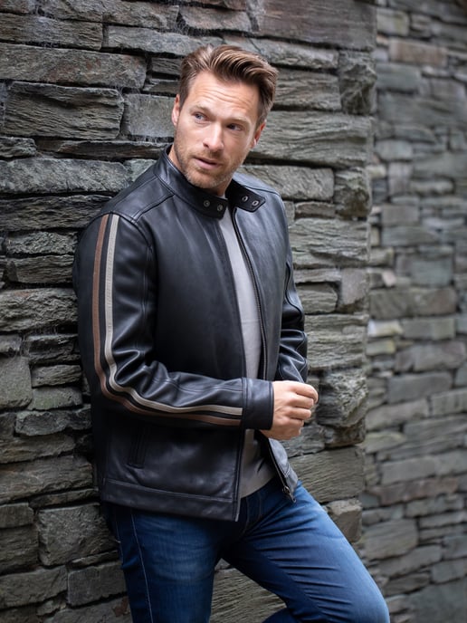 Morton Contrast Stripe Leather Biker Jacket in Black - Image 2