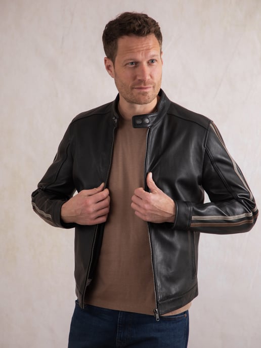 Morton Contrast Stripe Leather Biker Jacket in Black - Image 3