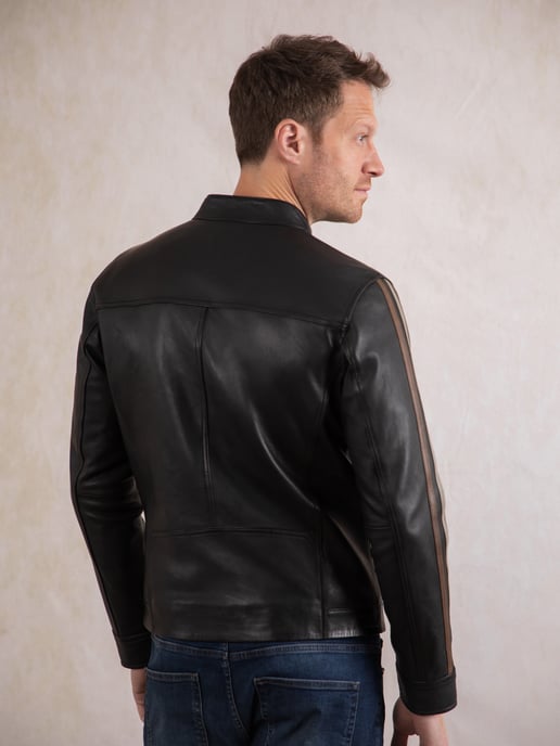 Morton Contrast Stripe Leather Biker Jacket in Black - Image 4