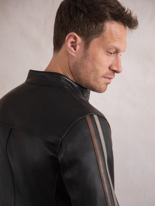 Morton Contrast Stripe Leather Biker Jacket in Black - Image 6