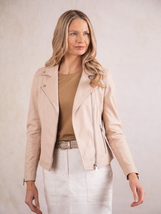 Tarraby Leather Biker Jacket in Parchment - Image 3