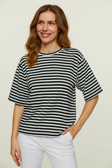 Zwart-witte oversized top van viscose-elastaan met brede strepen - Image 2