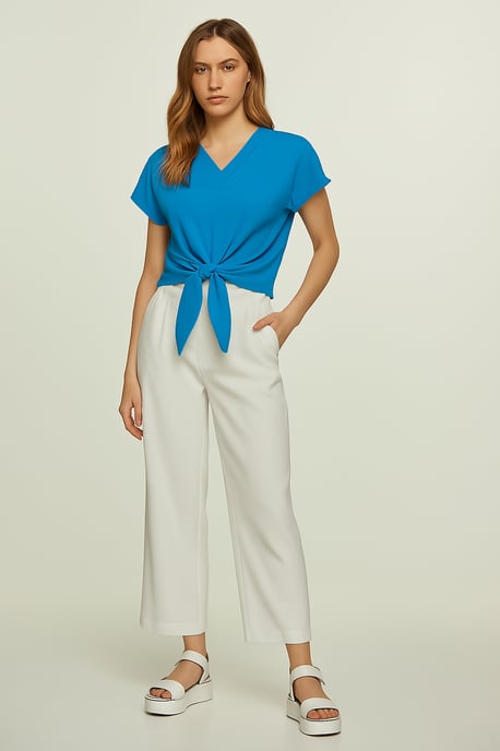 Blouse met gestrikte voorkant in azuurblauw – 100% viscose-voile - Image 2