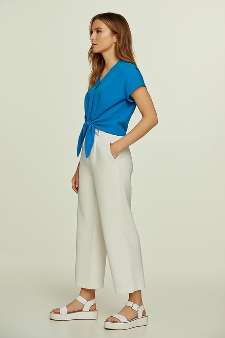 Blouse met gestrikte voorkant in azuurblauw – 100% viscose-voile - Image 3
