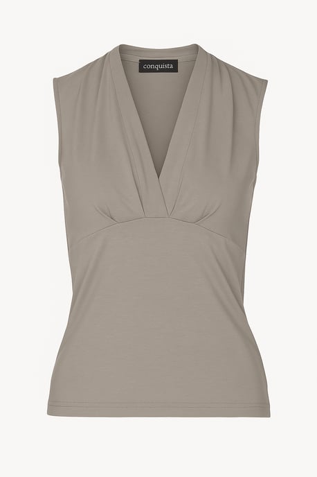 Taupe Sleeveless V-Neck Fitted Top – Soft Viscose-Blend Fabric - Image 1