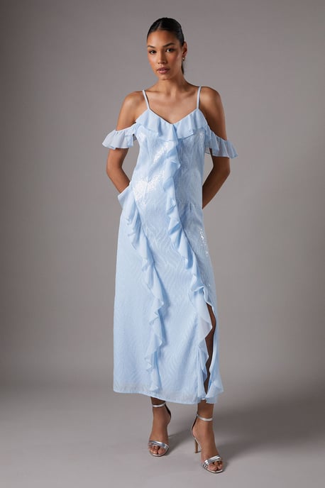 Sequin Frill Midi Wedding Guest Dress