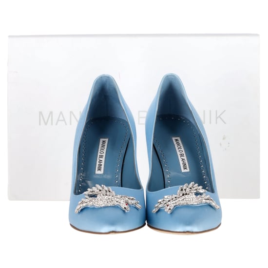 Manolo Blahnik Palos 90mm Rhinestone-Bird Pumps in Light Blue Satin - Image 2