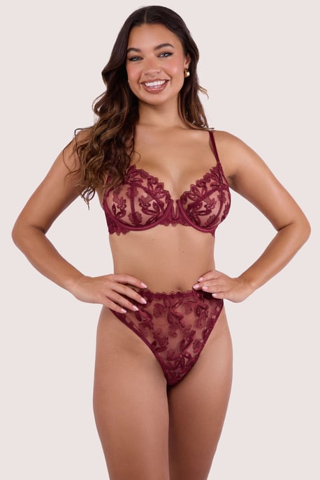 Wolf & Whistle Eva Dark Cherry Graphic Embroidery High Waist Thong - Image 1
