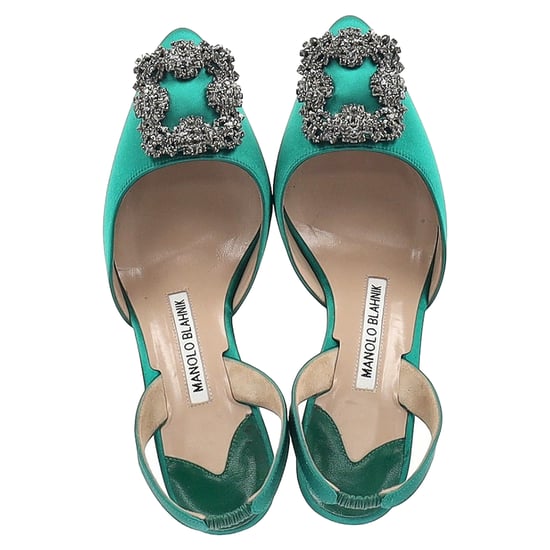 Manolo Blahnik Hangisi70 Embellished Slingback Pumps in Green Satin - Image 3