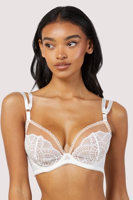 Wolf & Whistle Carmen Lace Plunge Bra With Nude Mesh Inserts & Picot Trim - Image 5
