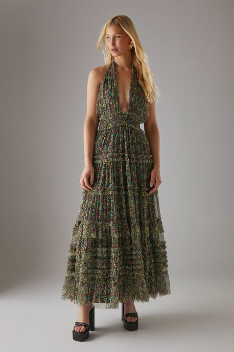 Tulle Halter Shirred Waist Tier Maxi Dress - Image 1