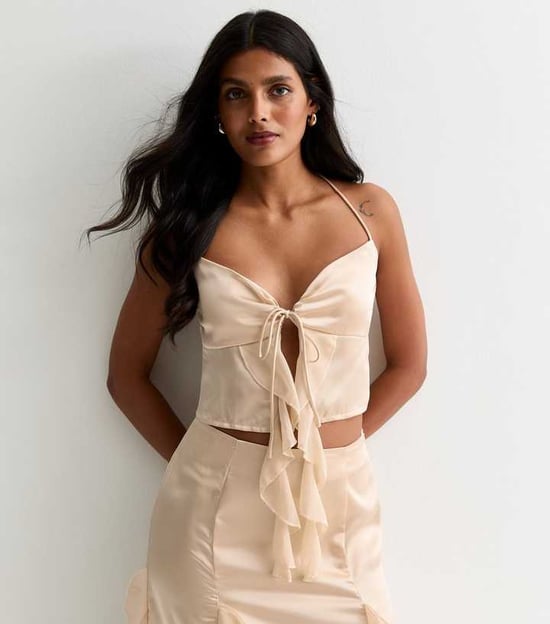 Champagne Satin Ruffle Tie Front Top - Image 1