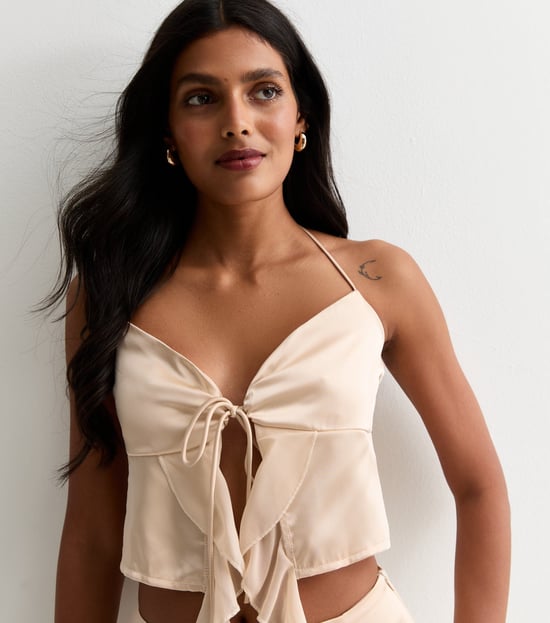 Champagne Satin Ruffle Tie Front Top - Image 2