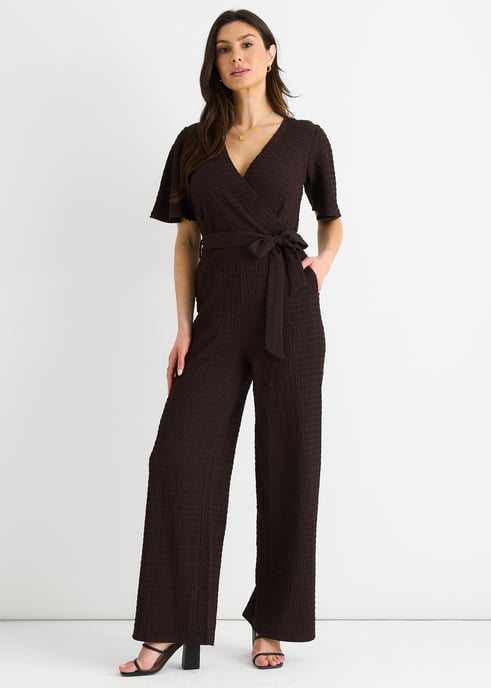 Chocolate Textured Jersey Wrap Wide Leg Jumpsuit - Image 1