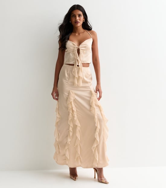 Champagne Satin Ruffle Maxi Skirt - Image 1
