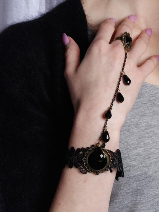 Lace Bracelet With Charm And Ring Detail In Black - Image 1