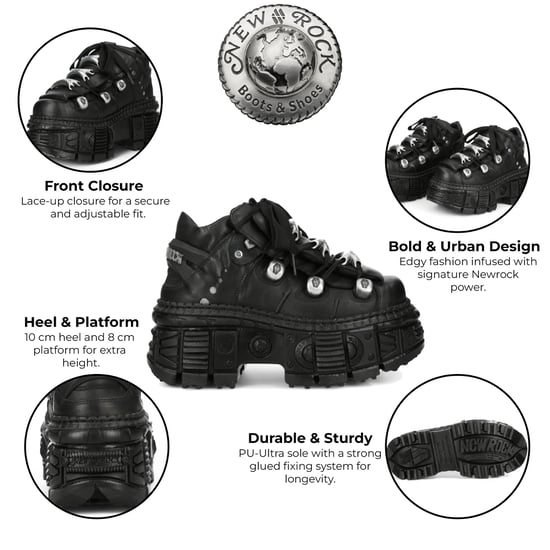New Rock M-OVERZ106B-C1 Metallic Chunky Zwarte Leren Gothic Enkellaarsjes - Image 2