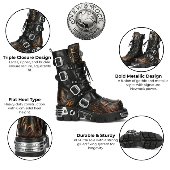 New Rock M-591-C58 halfhoge zwarte vlammen leren metallic gothic laarzen - Image 2