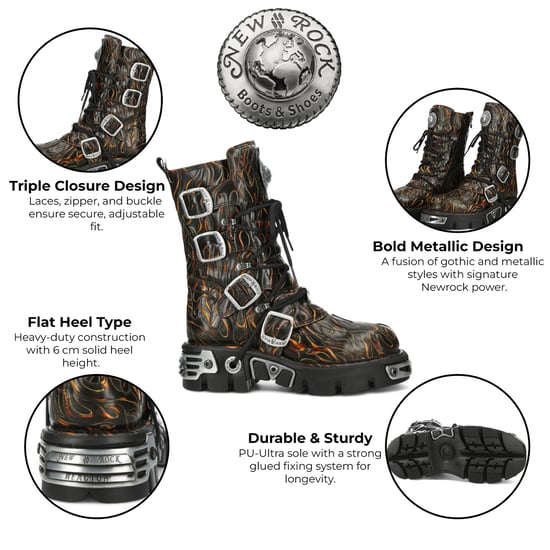New Rock M-591-C62 Mid-Calf High Black Flame Leather Metallic Gothic Boots - Image 2