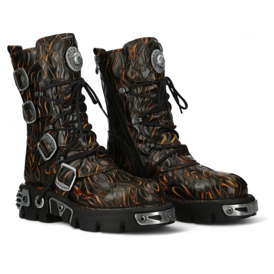 New Rock M-591-C62 Mid-Calf High Black Flame Leather Metallic Gothic Boots - Image 3