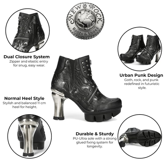 New Rock Dames NEOPUNK001-C19 Zwarte Gothic Punk Leren Enkellaarsjes met Hak - Image 2