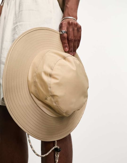 ASOS DESIGN safari bucket hat in stone nylon with contrast puller-Neutral - Image 4