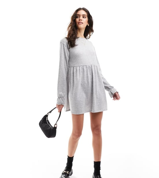 Miss Selfridge long sleeve mini smock dress in grey-Silver - Image 1