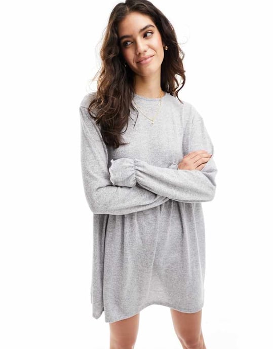 Miss Selfridge long sleeve mini smock dress in grey-Silver - Image 4