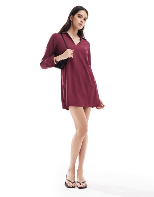 ASOS DESIGN collared mini shift dress in burgundy - Image 3