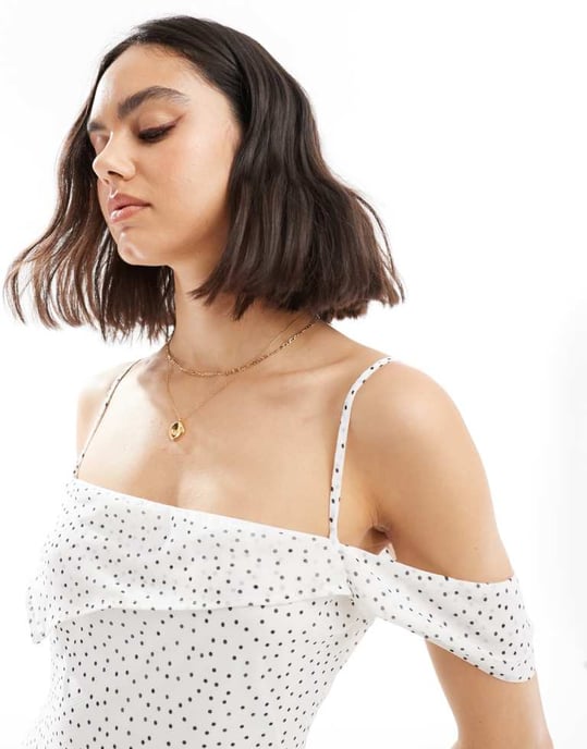 ASOS DESIGN one shoulder strap midi slip dress in ivory spot - Image 2
