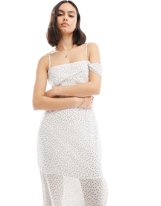 ASOS DESIGN one shoulder strap midi slip dress in ivory spot - Image 3